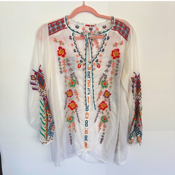 Johnny Was Tops - Johnny Was Embroidered Floral Boho Peasant Long Sleeve Top Tie Blouse Women’s XS